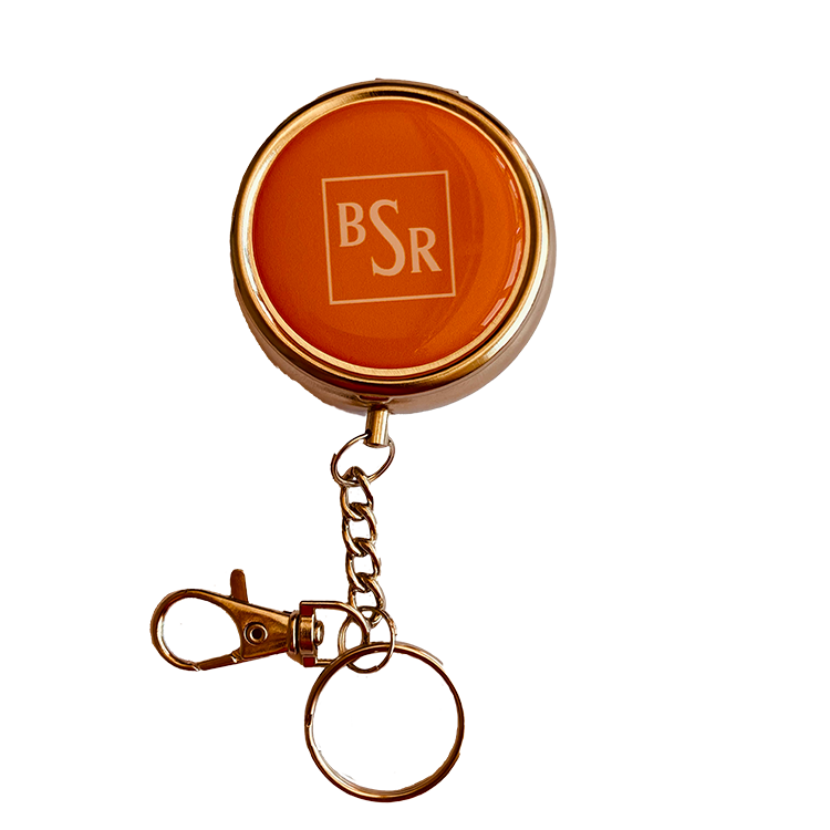 Taschenaschenbecher rund, orangefarbener Deckel mit BSR-Logo