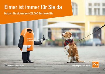 BSR-Plakat mit Hund und Papierkorb Rainer mit Häufchen in Tüte