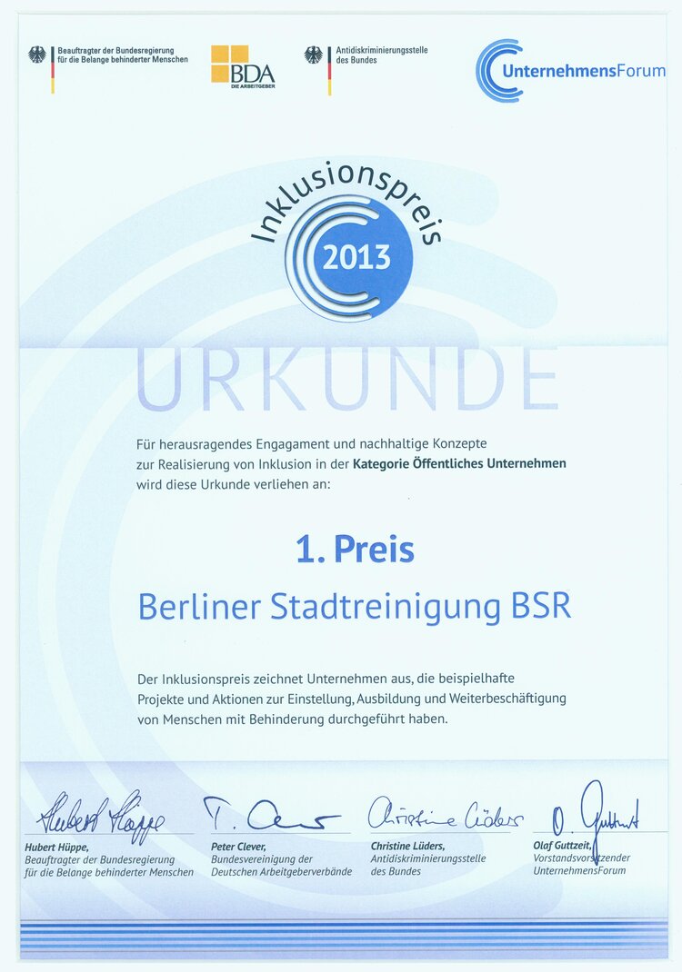 Inklusionspreis 2013 für die BSR