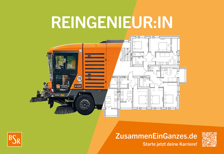 Abbildung der neuen BSR-MINT-Kampagne. Eine Kehrmaschine, deren zweite Hälfte durch eine Bauzeichnung komplettiert wird. Darüber steht Reingeniuer:in.