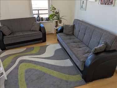 Abbildung: 2 Sofas mit Schlaffunktion und Stauraum + 4 passende Kissen 