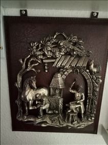 Abbildung: Relief Wandbild, Art, 25x31 cm.Metall/Leder.Handarbeit