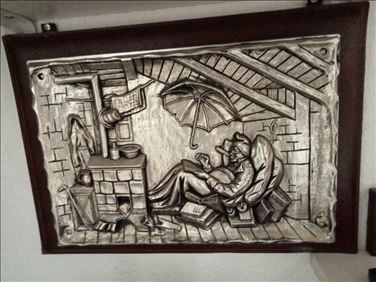Abbildung: Relief Wandbild, Art, 25x36,5 cm.Metall/Leder.Handarbeit