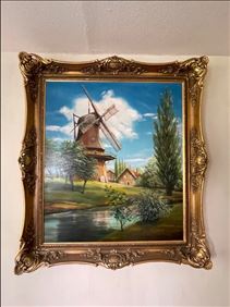 Abbildung: Großes Landschafts Gemälde Windmühle signiert P. Stöwe 1985