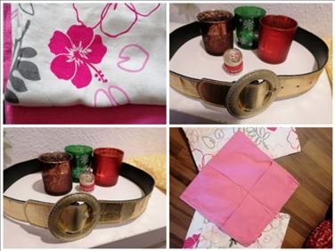 Abbildung: Kissenbezüge, Gürtel, Teelichtgläser,  schneekugel 