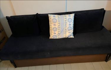 Abbildung: Schlafsofa dunkelblau mit Holzrahmen - 12.2. letzter Abholt